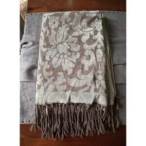 Restoration Hardware Wool Blend Fringed Throw Blanket Gray Brown Floral 70X53”